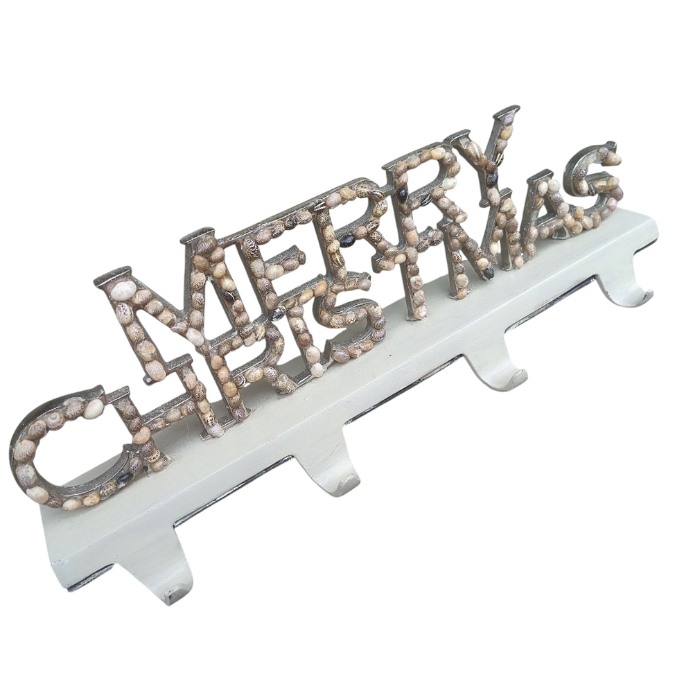 Merry Christmas Stocking Holder Made In India Four Hangers Upcycled Seashells
